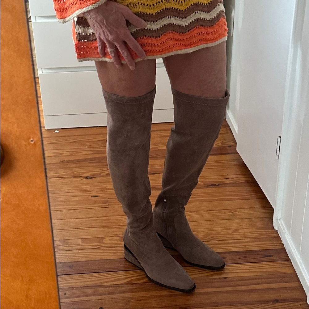 Torgeis Taupe Suede over the knee boots, tall tan boot, Madeline wedge heel boot - Picture 5 of 17